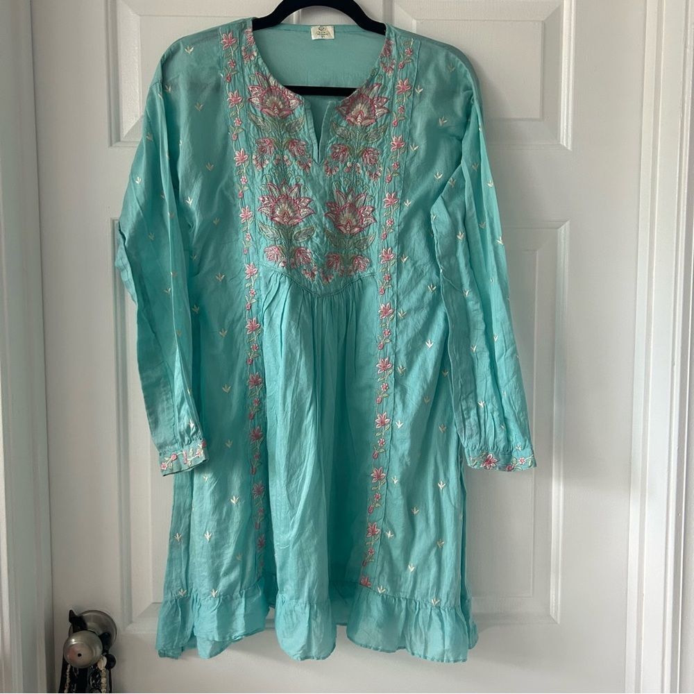 So Kamal Embroidered Turquoise or Teal and Pink Long Sleeve Dress